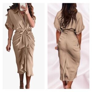 Light Khaki Short Sleeve Belted Ruched Midi Shirt Dress